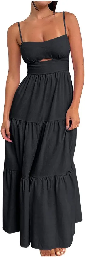 Women's Summer Cutout Maxi Dress Casual Boho Sleeveless Spaghetti Strap Long Beach Dress Smocked Tiered Sun Dresses
