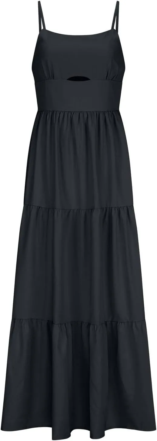 Women's Summer Cutout Maxi Dress Casual Boho Sleeveless Spaghetti Strap Long Beach Dress Smocked Tiered Sun Dresses