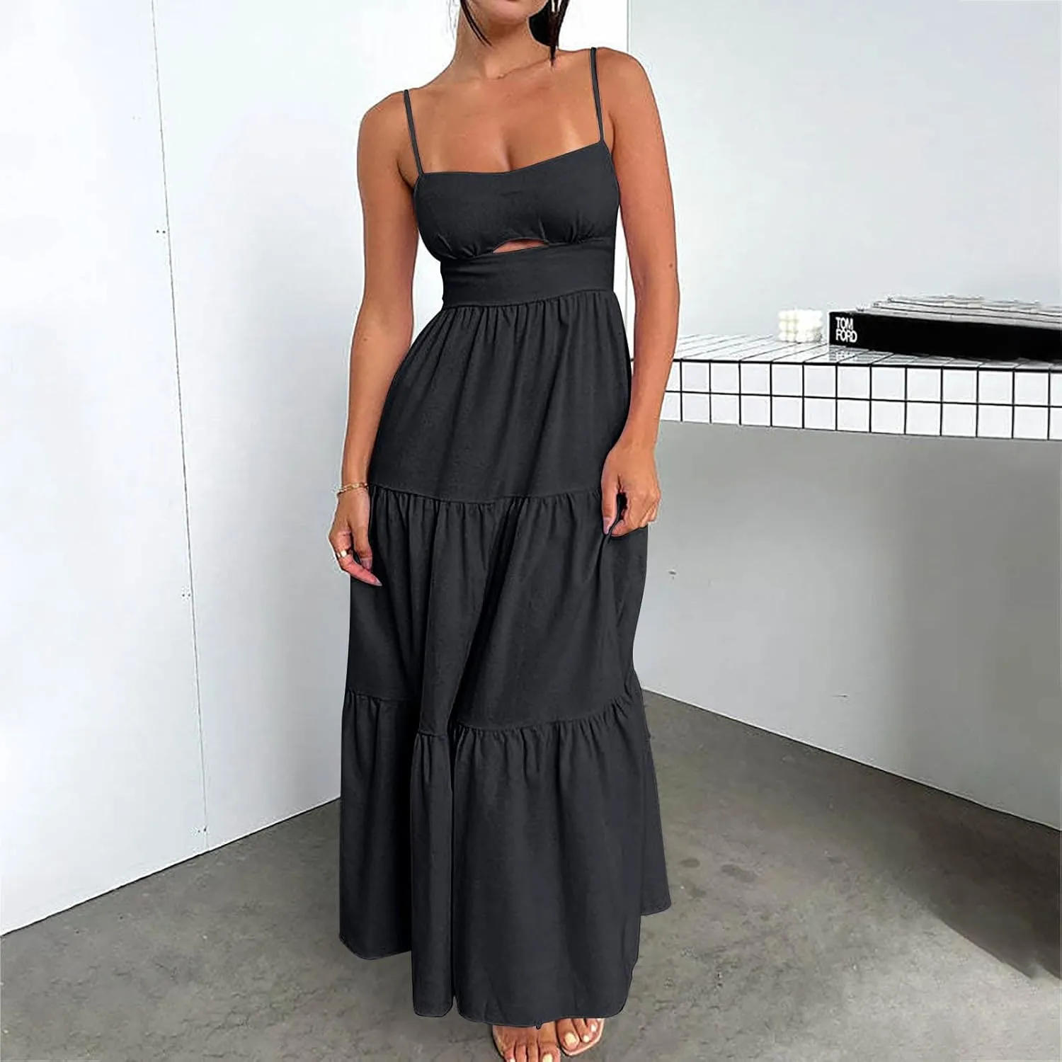 Women's Summer Cutout Maxi Dress Casual Boho Sleeveless Spaghetti Strap Long Beach Dress Smocked Tiered Sun Dresses