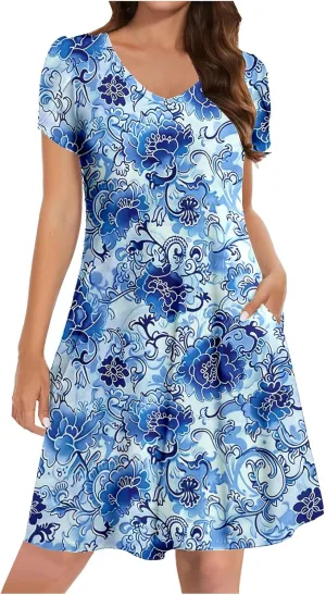 Womens Summer Dresses Casual Floral Sun Dresses Mini a-line Dress Flowy Beach Swing Dress Vacation with Pockets