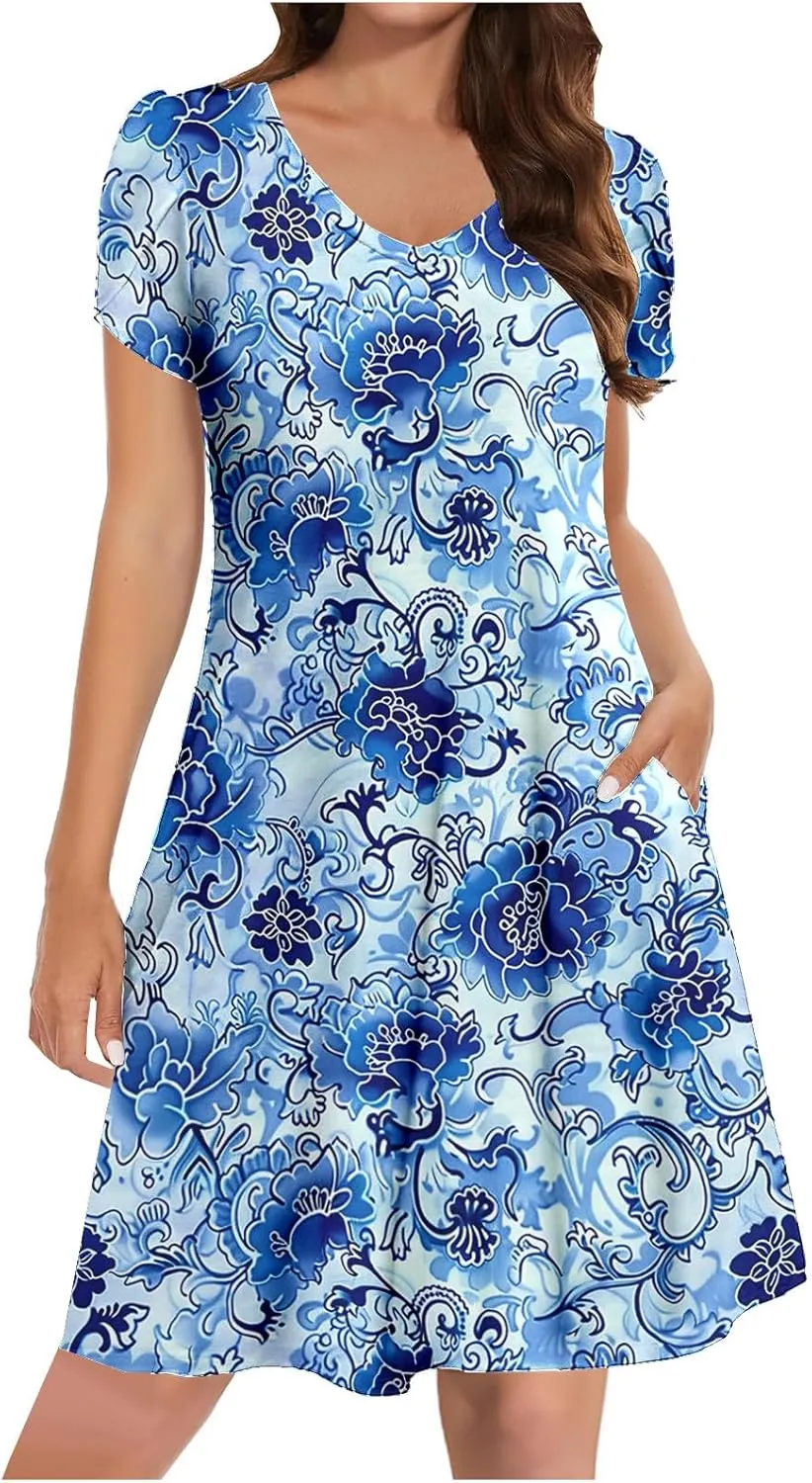 Womens Summer Dresses Casual Floral Sun Dresses Mini a-line Dress Flowy Beach Swing Dress Vacation with Pockets