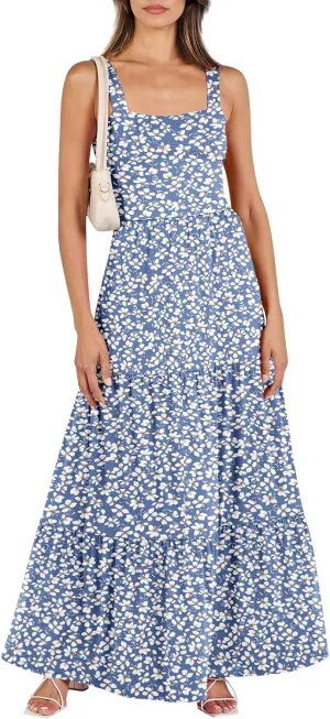 Women's Summer Dresses Halter Neck Sleeveless Smocked Backless Floral Flowy Tiered A Line Boho Beach Maxi Dress