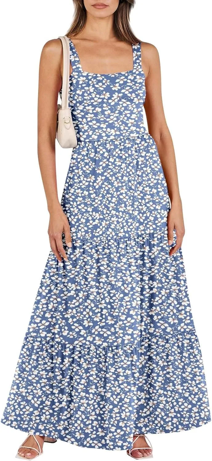 Women's Summer Dresses Halter Neck Sleeveless Smocked Backless Floral Flowy Tiered A Line Boho Beach Maxi Dress
