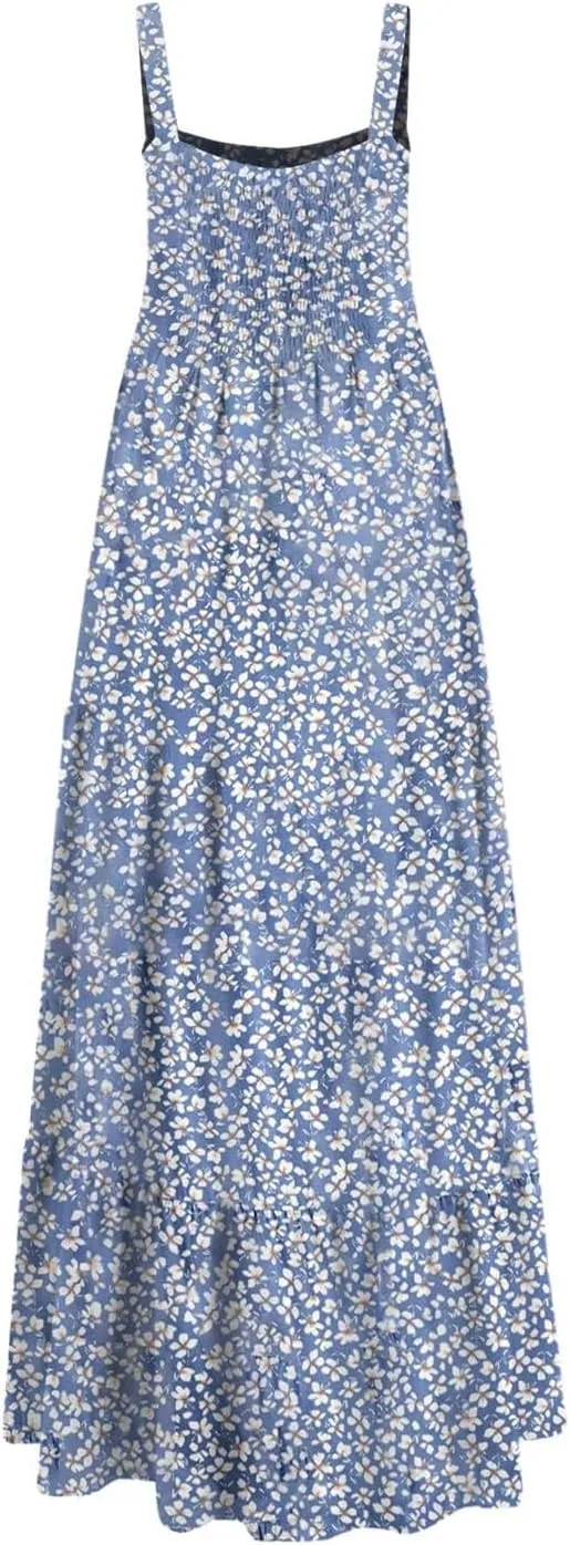 Women's Summer Dresses Halter Neck Sleeveless Smocked Backless Floral Flowy Tiered A Line Boho Beach Maxi Dress