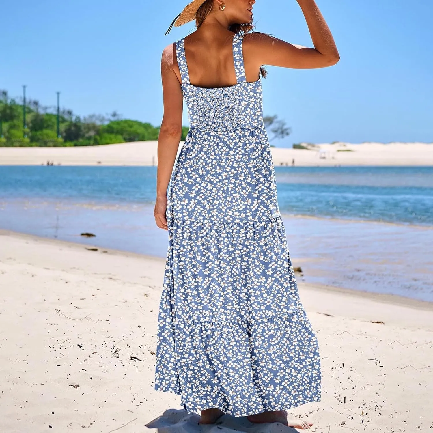 Women's Summer Dresses Halter Neck Sleeveless Smocked Backless Floral Flowy Tiered A Line Boho Beach Maxi Dress