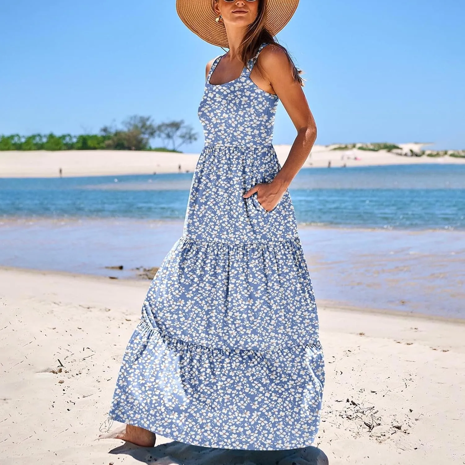 Women's Summer Dresses Halter Neck Sleeveless Smocked Backless Floral Flowy Tiered A Line Boho Beach Maxi Dress