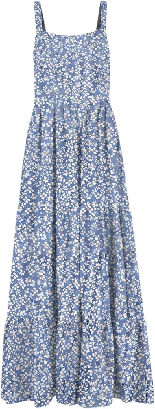 Women's Summer Dresses Halter Neck Sleeveless Smocked Backless Floral Flowy Tiered A Line Boho Beach Maxi Dress
