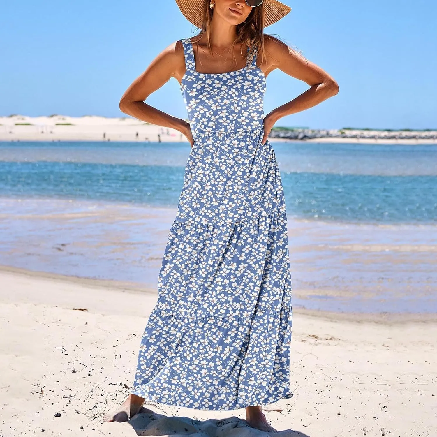Women's Summer Dresses Halter Neck Sleeveless Smocked Backless Floral Flowy Tiered A Line Boho Beach Maxi Dress