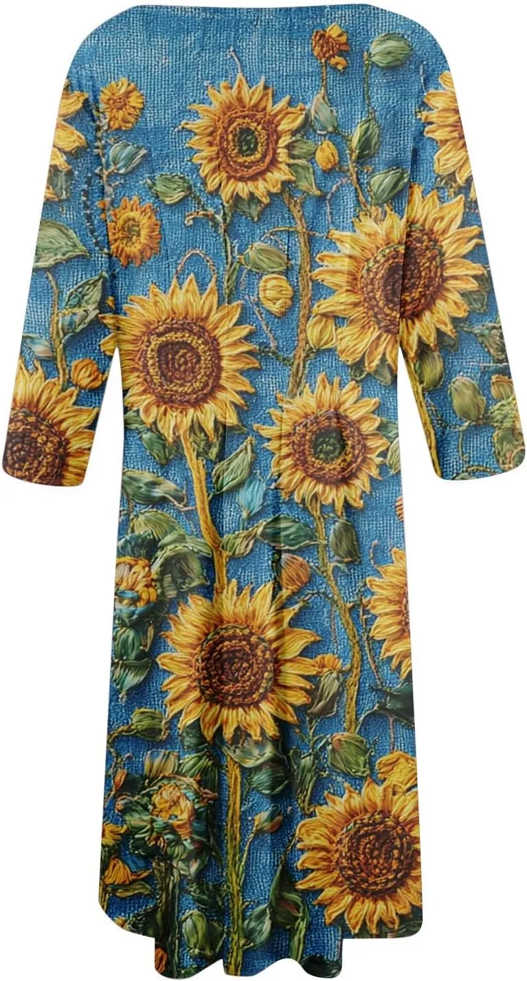 Womens Summer Dresses Summer Casual Beach Tshirt Dress Aline Flowy Midi Dresses Floral 3/4 Sleeve Dress with Pockets