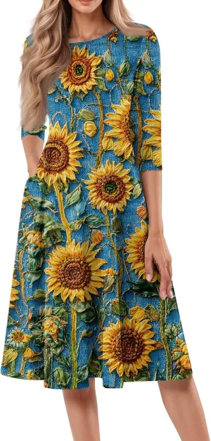 Womens Summer Dresses Summer Casual Beach Tshirt Dress Aline Flowy Midi Dresses Floral 3/4 Sleeve Dress with Pockets
