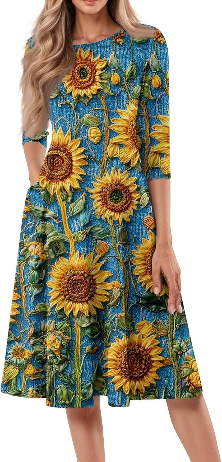 Womens Summer Dresses Summer Casual Beach Tshirt Dress Aline Flowy Midi Dresses Floral 3/4 Sleeve Dress with Pockets
