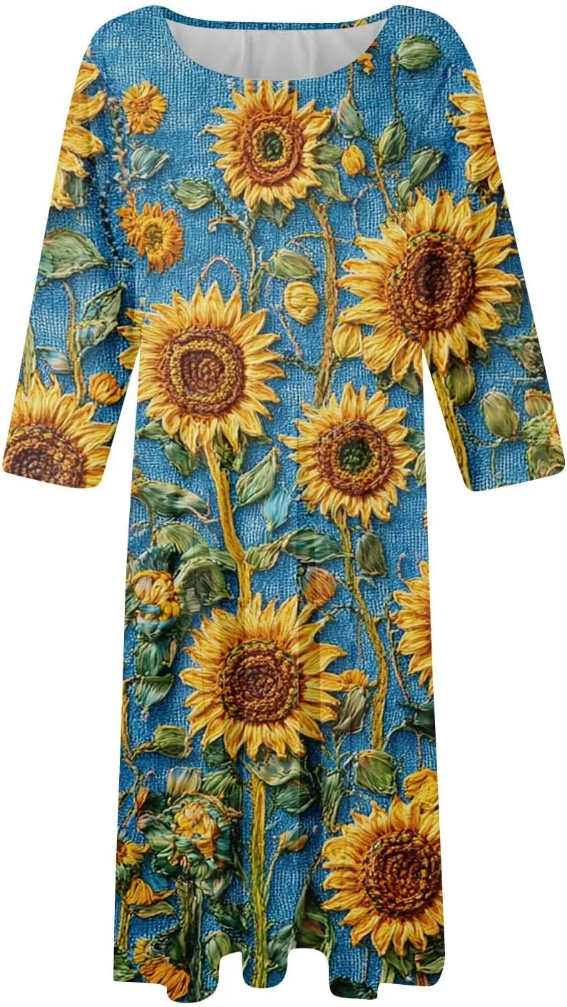 Womens Summer Dresses Summer Casual Beach Tshirt Dress Aline Flowy Midi Dresses Floral 3/4 Sleeve Dress with Pockets