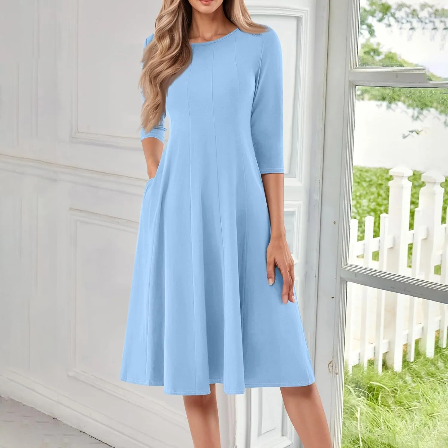 Womens Summer Dresses Summer Flowy Beach 3/4 Sleeve Dress Aline Casual Tshirt Dress Floral Midi Dresses with Pockets