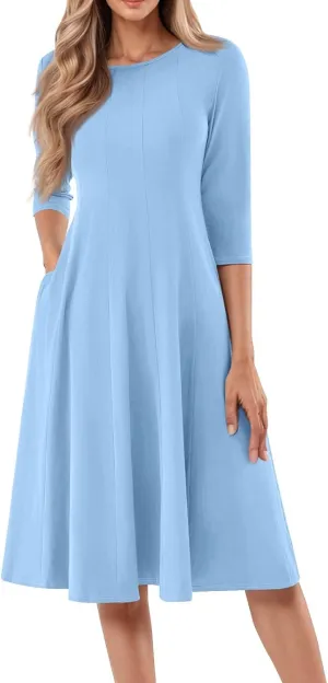 Womens Summer Dresses Summer Flowy Beach 3/4 Sleeve Dress Aline Casual Tshirt Dress Floral Midi Dresses with Pockets