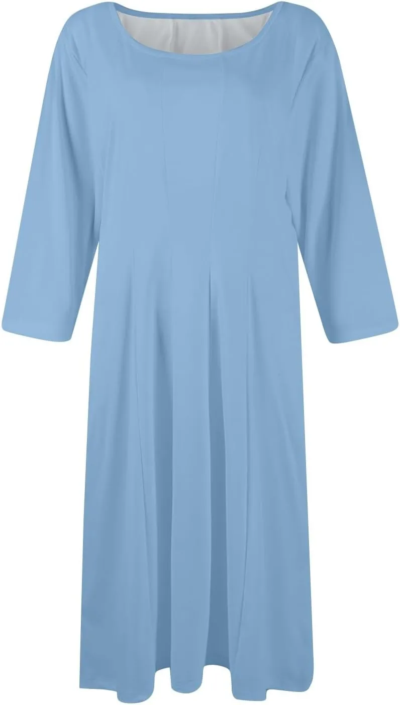 Womens Summer Dresses Summer Flowy Beach 3/4 Sleeve Dress Aline Casual Tshirt Dress Floral Midi Dresses with Pockets