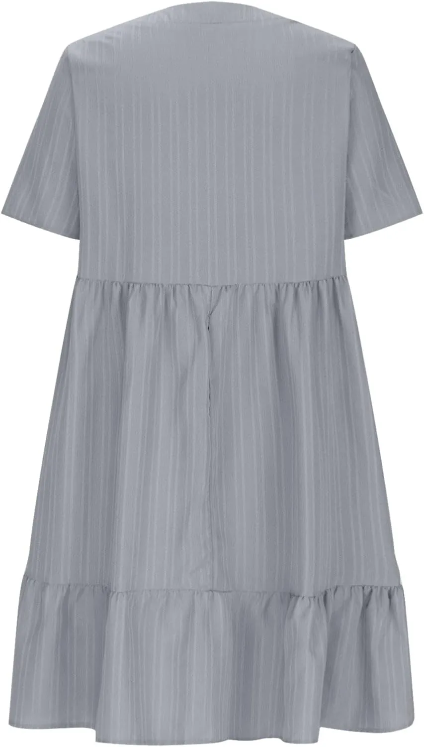 Womens Summer Dresses Trendy Short Sleeve V Neck A Line Ruffle Tiered Flowy Casual Mini Beach Dress Tshirt Sundress