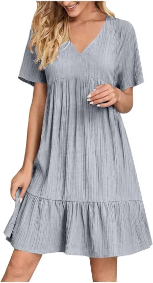Womens Summer Dresses Trendy Short Sleeve V Neck A Line Ruffle Tiered Flowy Casual Mini Beach Dress Tshirt Sundress