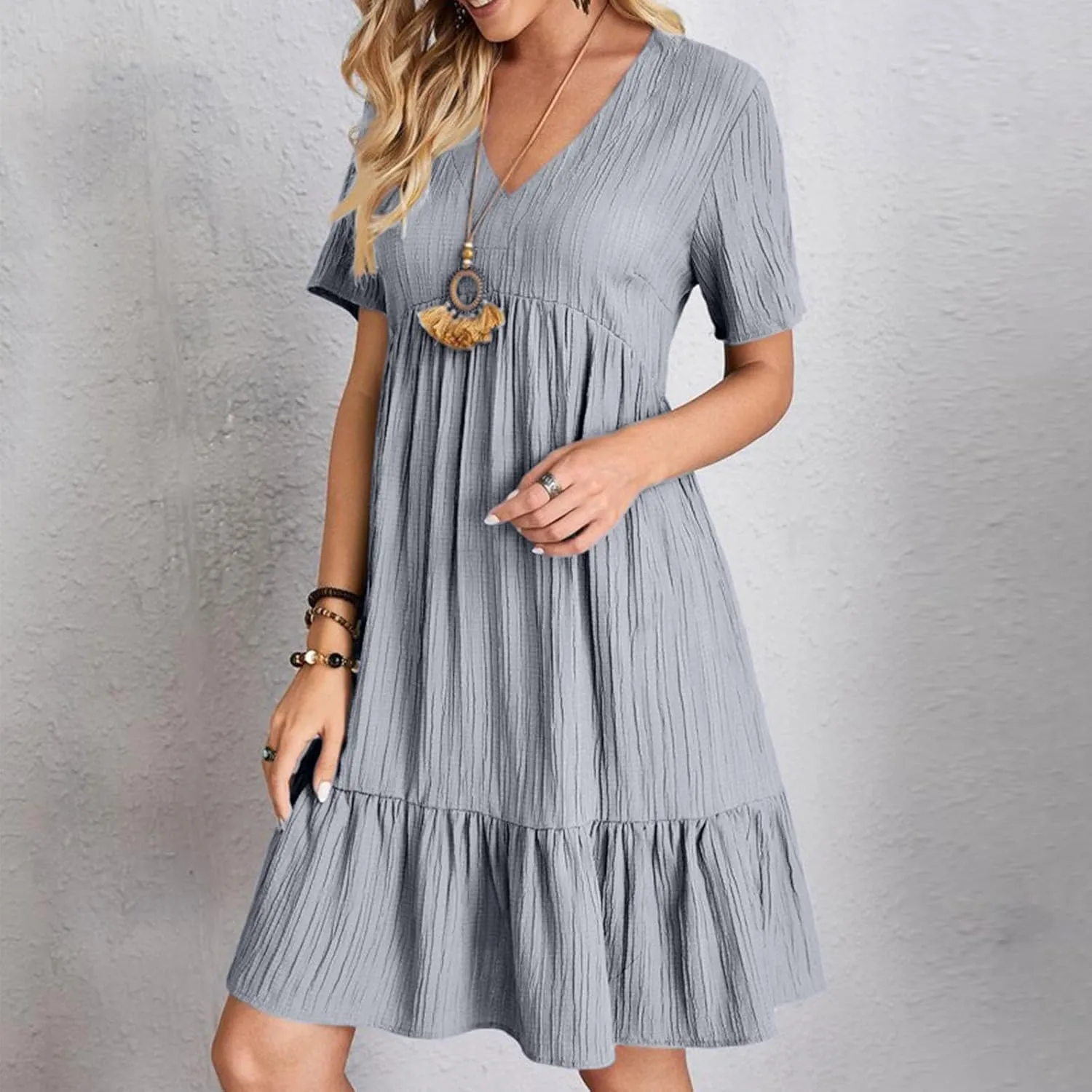 Womens Summer Dresses Trendy Short Sleeve V Neck A Line Ruffle Tiered Flowy Casual Mini Beach Dress Tshirt Sundress