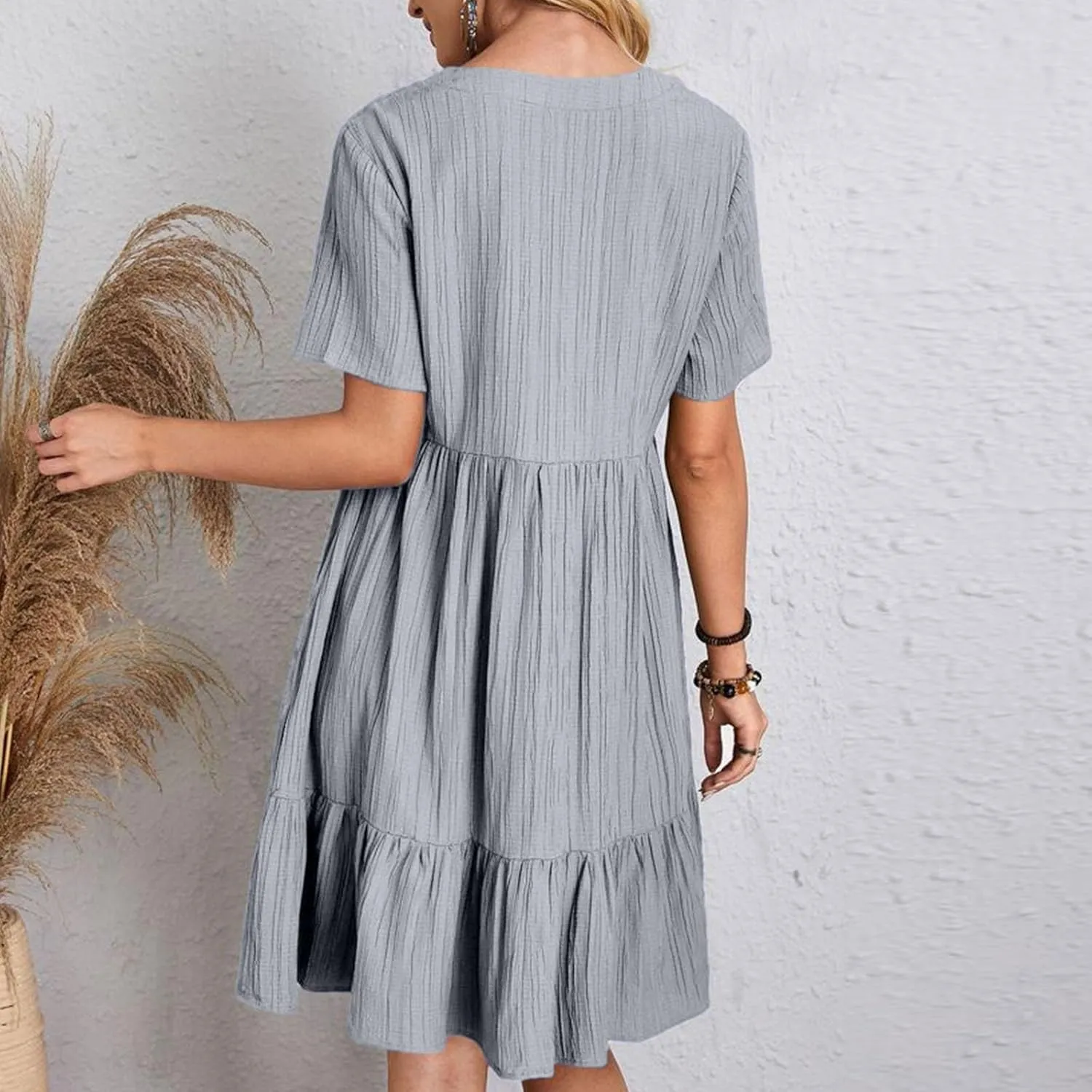 Womens Summer Dresses Trendy Short Sleeve V Neck A Line Ruffle Tiered Flowy Casual Mini Beach Dress Tshirt Sundress