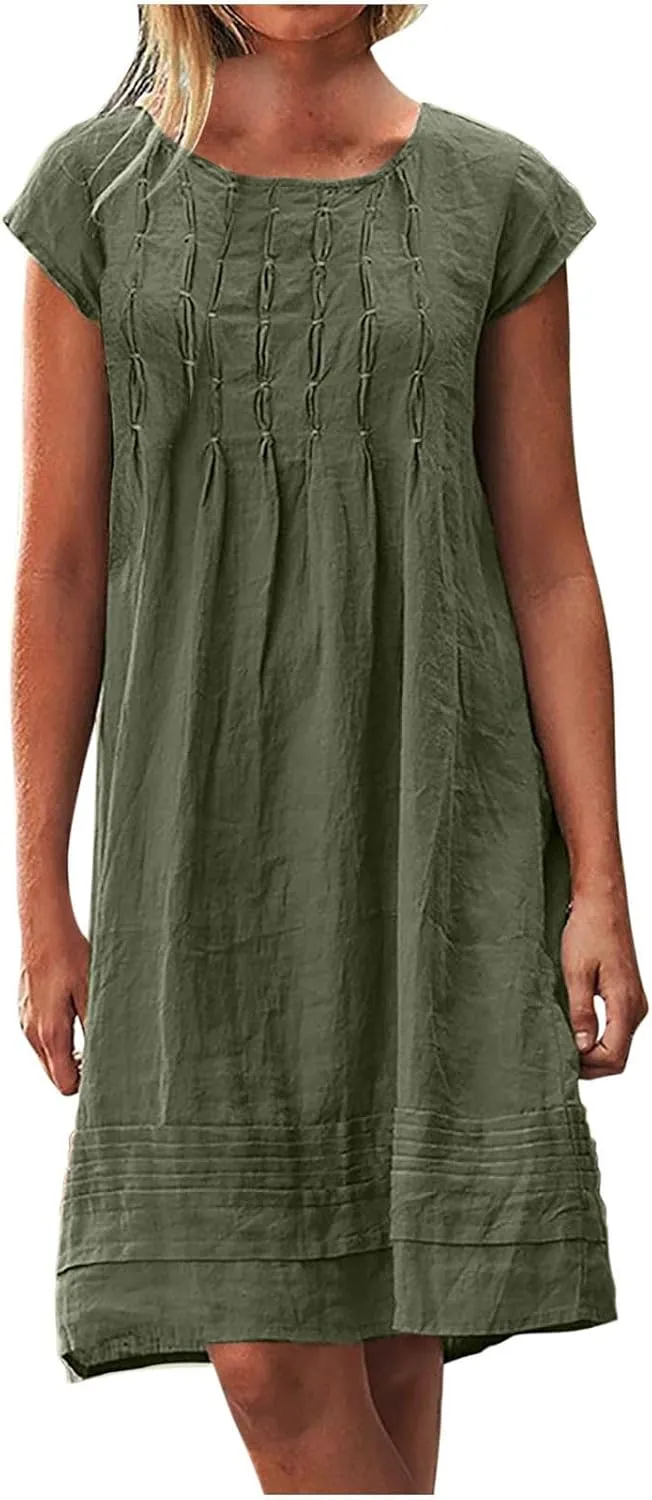 Women's Summer Linen Dress Pleated Cap Sleeve Crewneck Midi Dresses Plus Size Loose Vintage Casual Sundress