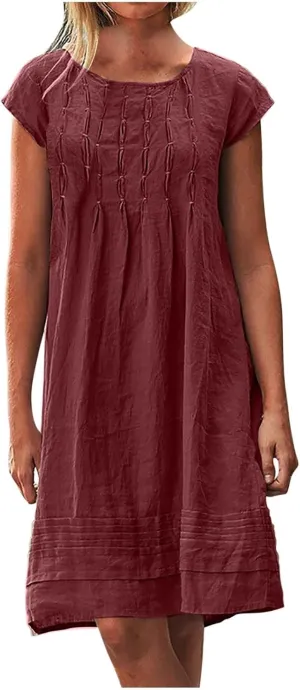 Women's Summer Linen Dress Pleated Cap Sleeve Crewneck Midi Dresses Plus Size Loose Vintage Casual Sundress