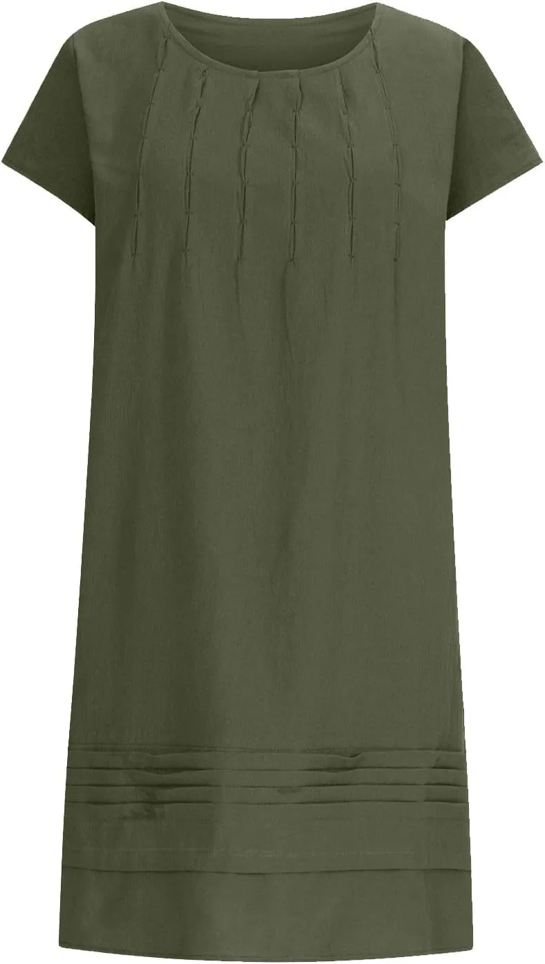 Women's Summer Linen Dress Pleated Cap Sleeve Crewneck Midi Dresses Plus Size Loose Vintage Casual Sundress