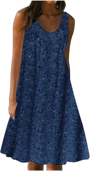 Women's Summer Mini Dress Trendy Floral Printed A Line Tank Dress Sleeveless Scoop Neck Bohemian Sundress with Pocket