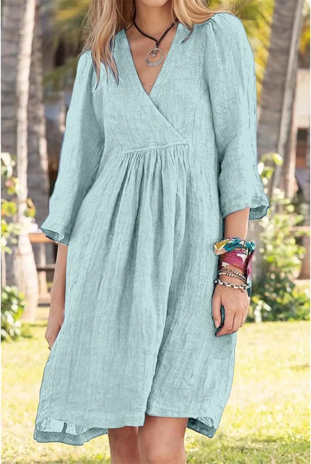 Womens Summer Spring Dresses Casual Cotton Linen V-Neck 3/4 Sleeve Ruffled Flowy Swing Mini Dress Vacation Outfit