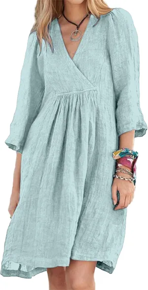 Womens Summer Spring Dresses Casual Cotton Linen V-Neck 3/4 Sleeve Ruffled Flowy Swing Mini Dress Vacation Outfit