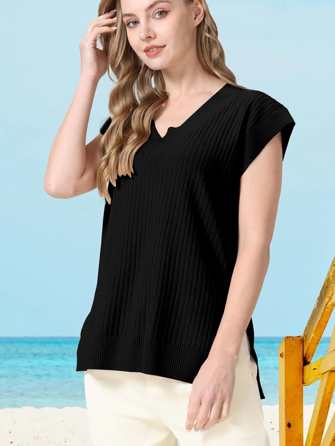 Womens Summer Tops 2025 Spring Sweater Vest Tank Top V Neck Ribbed Short Cap Sleeve Loose Fit Side Slit Trendy Casual Outfits