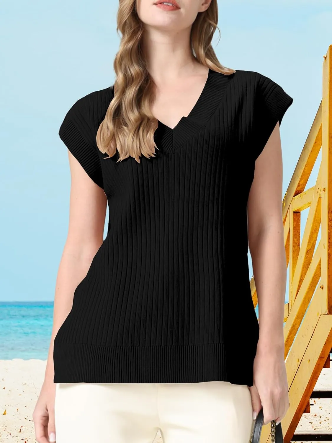 Womens Summer Tops 2025 Spring Sweater Vest Tank Top V Neck Ribbed Short Cap Sleeve Loose Fit Side Slit Trendy Casual Outfits