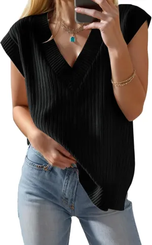 Womens Summer Tops 2025 Spring Sweater Vest Tank Top V Neck Ribbed Short Cap Sleeve Loose Fit Side Slit Trendy Casual Outfits