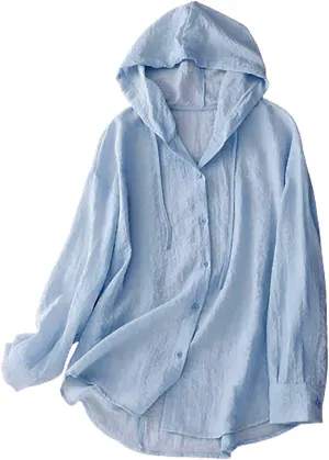 Women's Sun Protection Hoodie Long Sleeve Cotton Linen Jacket Lightweight Swim Beach Travel Cover Up Shirts