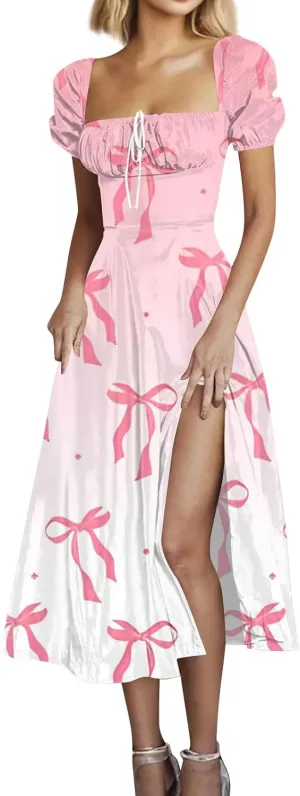 Women's Sundresses 2025 Summer Casual Loose Trendy Bubble Sleeve Square Neck Split Bow Floral Print Dress Plus Size, XS-3XL