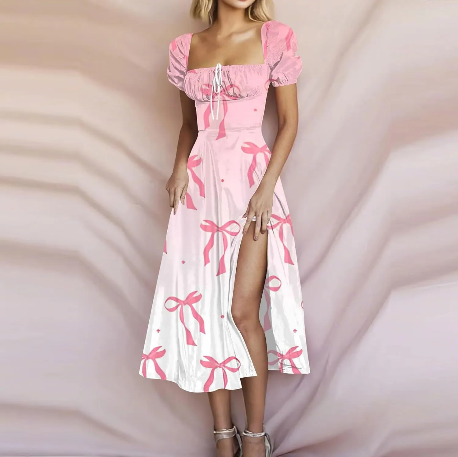 Women's Sundresses 2025 Summer Casual Loose Trendy Bubble Sleeve Square Neck Split Bow Floral Print Dress Plus Size, XS-3XL