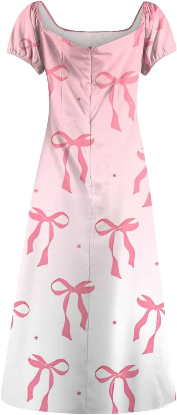 Women's Sundresses 2025 Summer Casual Loose Trendy Bubble Sleeve Square Neck Split Bow Floral Print Dress Plus Size, XS-3XL