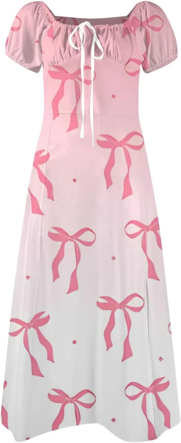 Women's Sundresses 2025 Summer Casual Loose Trendy Bubble Sleeve Square Neck Split Bow Floral Print Dress Plus Size, XS-3XL