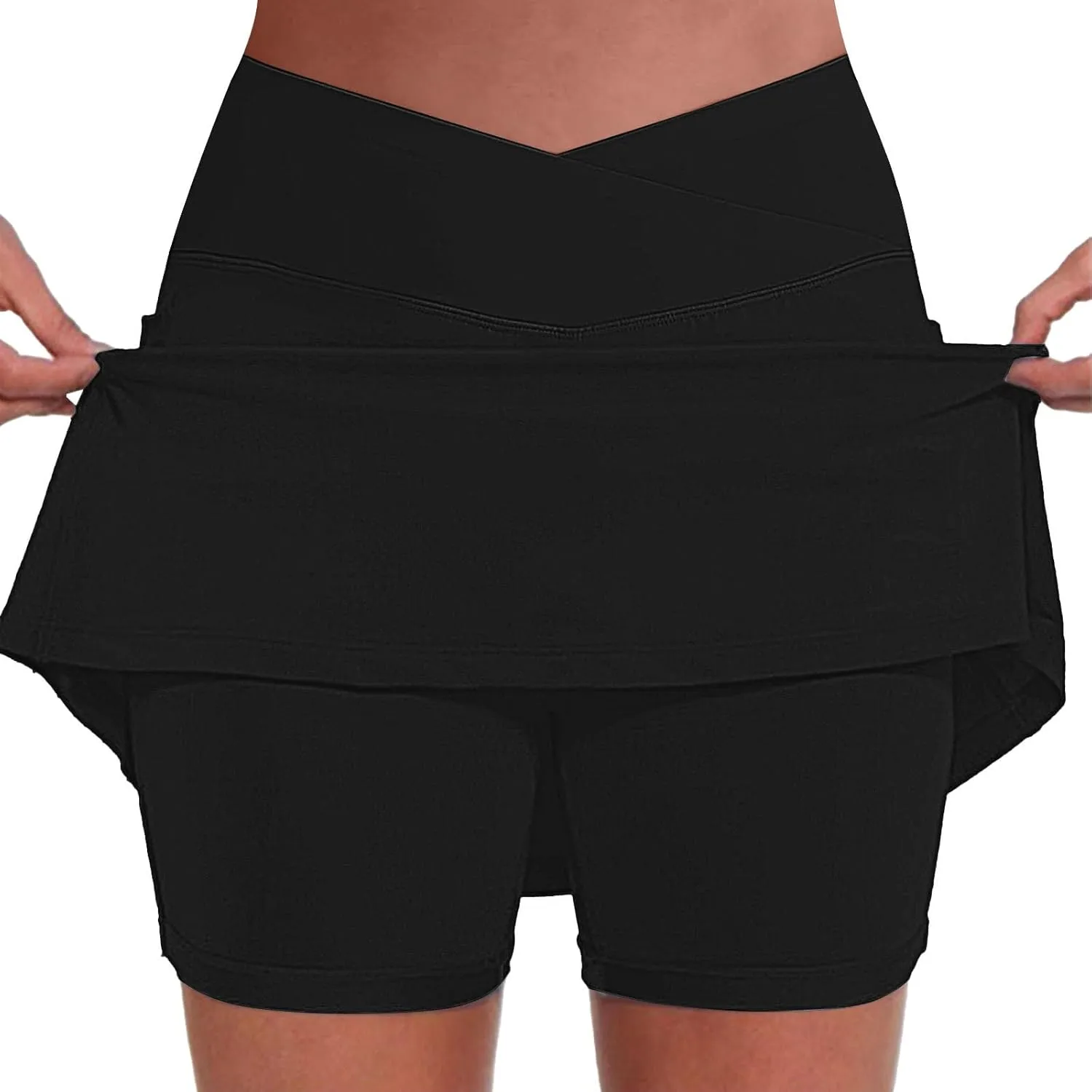 Womens Tennis Skirt with Pockets Shorts Crossover High Waisted Athletic Skorts Running Workout Golf Skirts 2 in 1