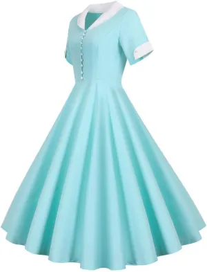 Women's Vintage Short Sleeve Dress Elegant Pearls Button Down Cocktail Dress Color Block V Neck Midi Prom Dresses