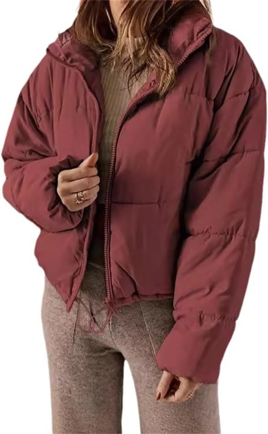 Women's Winter Coat Short Fashion Solid Color Simple Warm Cotton-Padded Jacket Long Sleeve Zipped Puffer Coat