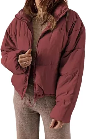 Women's Winter Coat Short Fashion Solid Color Simple Warm Cotton-Padded Jacket Long Sleeve Zipped Puffer Coat