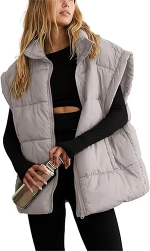 Women's Winter Coat Solid Color Zipper Pocket Cotton-Padded Vest Fashion Stand-Up Collar Casual Down Coat Vest