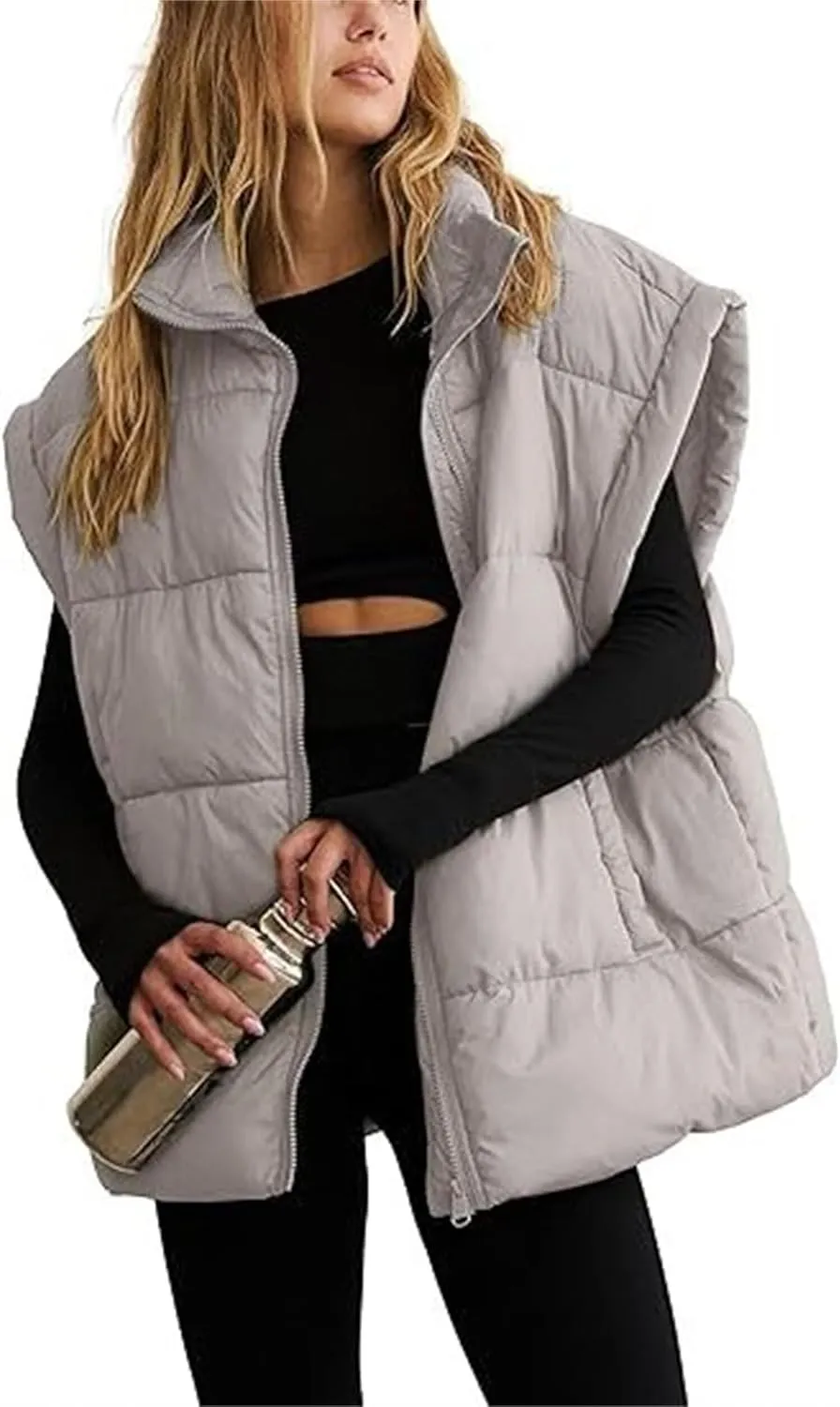 Women's Winter Coat Solid Color Zipper Pocket Cotton-Padded Vest Fashion Stand-Up Collar Casual Down Coat Vest