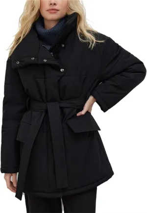 Women's Winter Stand Collar Irregular Cutting Puffer Coat Fashion Solid Color Long Sleeve Warm Cotton-Padded Jacket