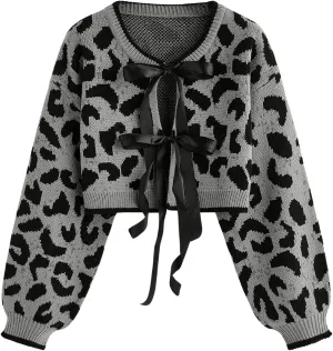 Women's Y2k Leopard Print Sweater Cardigans Bow Tie Front Crop Knit Cardigans Long Sleeve Crew Neck Cheetah Sweater