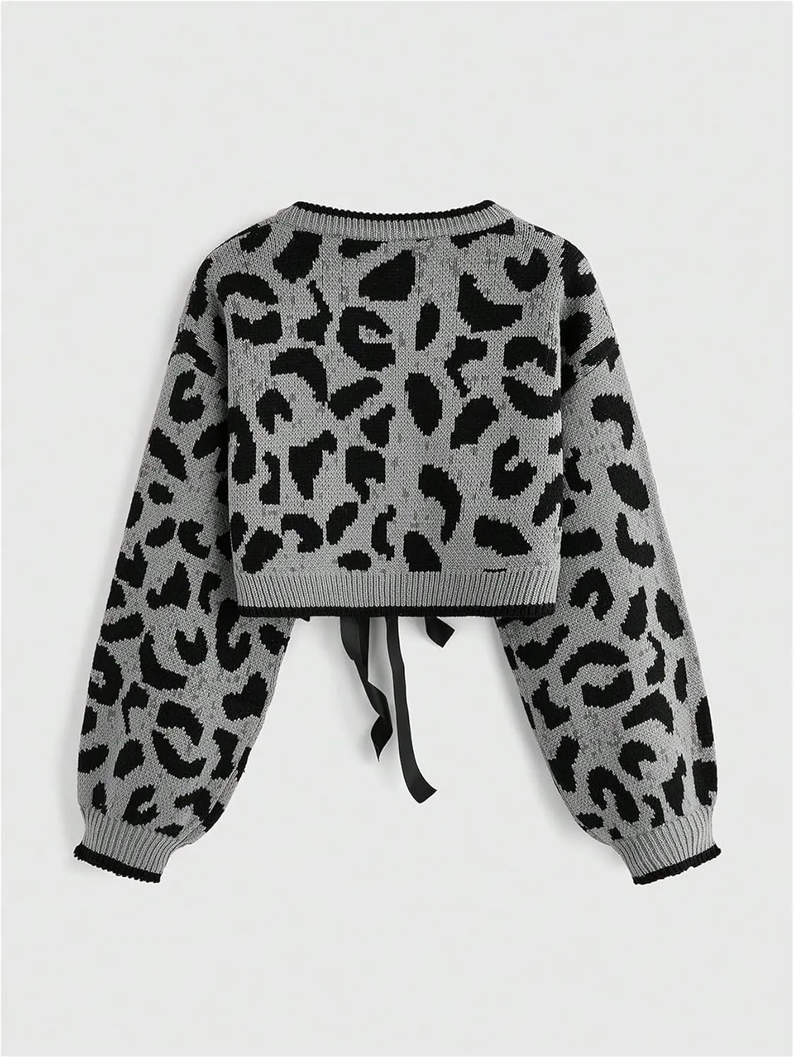 Women's Y2k Leopard Print Sweater Cardigans Bow Tie Front Crop Knit Cardigans Long Sleeve Crew Neck Cheetah Sweater