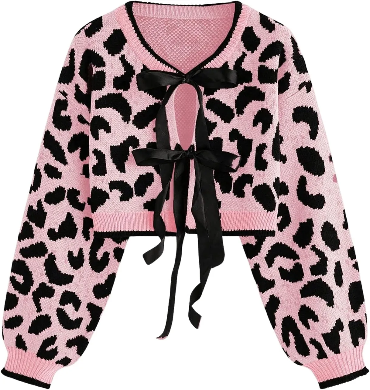 Women's Y2k Leopard Print Sweater Cardigans Bow Tie Front Crop Knit Cardigans Long Sleeve Crew Neck Cheetah Sweater