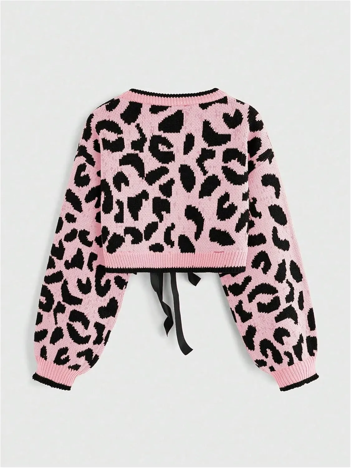 Women's Y2k Leopard Print Sweater Cardigans Bow Tie Front Crop Knit Cardigans Long Sleeve Crew Neck Cheetah Sweater