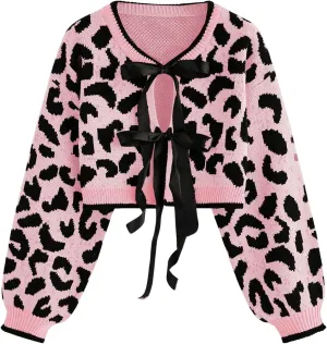 Women's Y2k Leopard Print Sweater Cardigans Bow Tie Front Crop Knit Cardigans Long Sleeve Crew Neck Cheetah Sweater