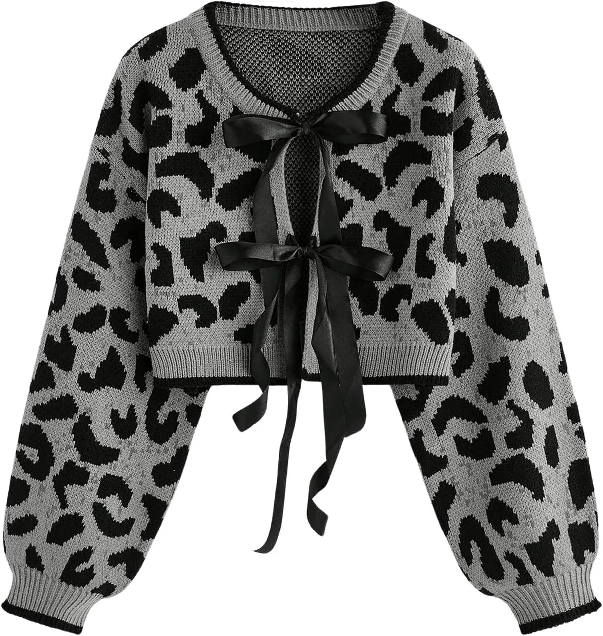 Women's Y2k Leopard Print Sweater Cardigans Bow Tie Front Crop Knit Cardigans Long Sleeve Crew Neck Cheetah Sweater